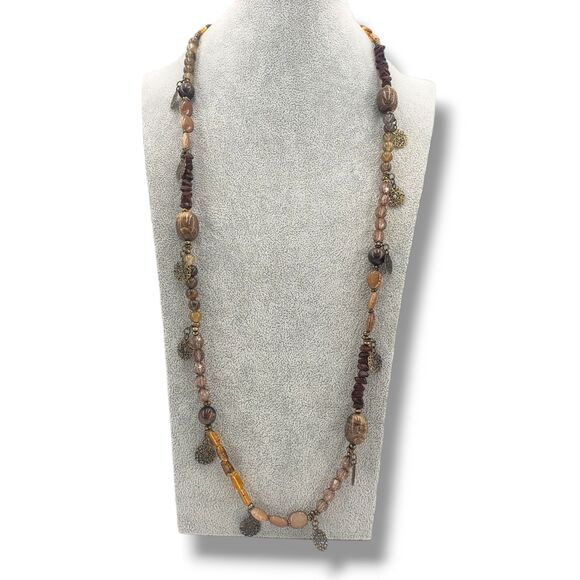Cookie Lee Beaded Long Necklace Molded Acrylic Root Beer Taupe Brown Neutrals - Picture 1 of 10
